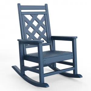 Adirondack Outdoor Rocking Chair HDPE Plastic Wide Armrests Smooth Rocking Ergonomic Design Navy Blue Porch Deck Lawn