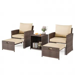 5-Piece Patio Furniture Set - PE Wicker Rattan, Soft Cushions, 2 Ottomans, 2-Tier Coffee Table, Rust-Resistant Steel Frame, Brown Gray, Poolside Garden Balcony