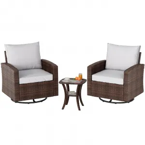 3 Piece Patio Furniture Set with Oversized Rattan Chairs, Comfortable Cushions, Durable Aluminum Frame, Side Table, Rocking & Swivel Chairs for Garden & Balcony