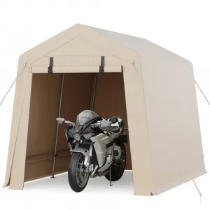 7x10 FT Portable Outdoor Storage Shed – Dual Roll-Up Doors, Vents, Khaki Carport for Motorcycle & Tools