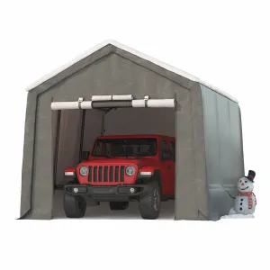 7x15FT Outdoor Portable Storage Shed with 2 Roll-Up Doors, Vents, 240G Waterproof PE Tarp, UV-Resistant, Galvanized Steel Frame, Mesh Windows, Gray