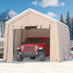 7x15FT Khaki Outdoor Portable Storage Shed with Roll-Up Door & Vent, 240G Heavy-Duty Shelter Waterproof PE Tarp, UV-Resistant Storage Sheds for Motorcycle, Firewood, Garden and Tools