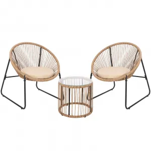 3 Piece Acapulco Chair Set, All-Weather Modern Patio Furniture Set with Cushions, Plastic Rope, Glass Top Table and 2 Chairs, Woven Patio Conversation Bistro Set, Brown