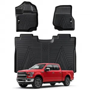 2 TPE 3D Floor Mats for 2015-2024 Ford F-150 SuperCrew Cab, Custom Fit, All Weather, Durable, Raised Edge, Non-Slip, Black
