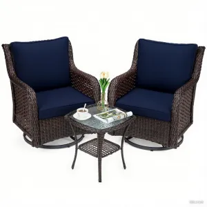 Outdoor Swivel Wicker Glider Patio Chairs with 360° Swivel & Rocking, 4" Thick Cushions, Steel Frame, 2-Tier Side Table, Blue, Porch & Balcony Set