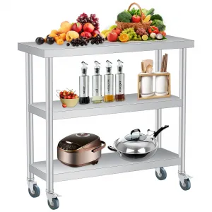 36"L X 14"W X 34"H Stainless Steel Table 3-Tier Metal Prep Table with Lockable Wheels for Commercial Kitchen and Outdoor BBQ