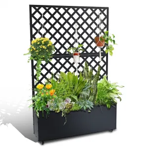 72.4" x 47.2" x 16.1" Privacy Planter with Trellis Screen – Raised Metal Garden Bed with Drainage Holes and Wheels – Ideal for Climbing Plants, Flowers, Herbs, Vegetables – Outdoor Patio or Balcony Decor, Black, Diagonal Checkered Design-with