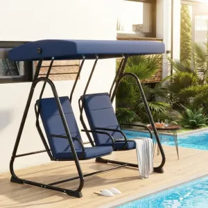 2 Person Porch Swing Chair, Heavy Duty Outdoor Patio Swing Glider with Adjustable Canopy & Removable Cushions, Independent Swing Chairs for Garden, Balcony, Poolside, Backyard, Dark Blue