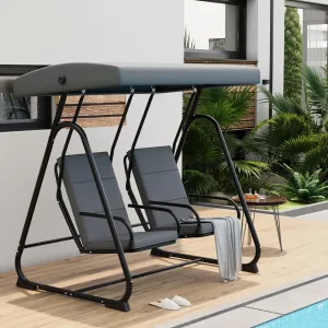 2-Person Porch Swing Chair Heavy-Duty Steel Frame Adjustable Canopy Removable Cushions Dark Grey Garden Balcony Poolside