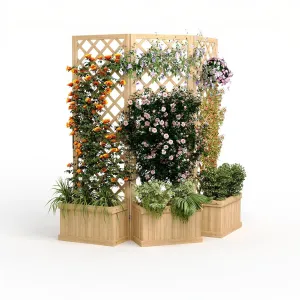62"x10"x65" Garden Privacy Screen,Cedar Wood Panel with Integrated Planter Box, 3 Hinged Sections