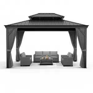 12' x 18' Hardtop Gazebo, Double Roof Metal Gazebo with Curtains & Netting, Heavy-Duty Steel Frame Outdoor Pavilion for Patio, Deck, Backyard & Lawn, Gray