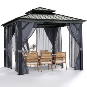 All-Weather Hardtop Gazebo with Double Metal Roof & Aluminum Frame, Mosquito Netting, Privacy Curtains, Outdoor Pavilion for Patio, Garden, Deck, Lawn, Backyard, Gray Mesh Black Yarn, 8x8FT