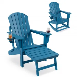 4-in-1 Adirondack Outdoor Rocking Chair with Retractable Ottoman – Folding HDPE, Cup Holders, Heavy-Duty, for Porch & Patio