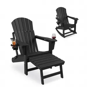 4-in-1 Folding Adirondack Rocking Chair with Retractable Ottoman, Cup Holders, HDPE Material, Heavy Duty, Portable, Outdoor Patio Deck