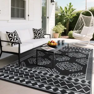 Outdoor Black & White 9x18 Large Rug Waterproof Plastic Straw Foldable Lightweight with Stakes Storage Bag Reversible Geometric Pattern for Patio Deck Picnic