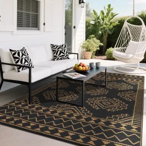 Outdoor Black & Brown 8x10 Large Rug, Waterproof Plastic Straw Rug Reversible Geometric Design Foldable Portable with Stakes & Bag for Patio Camping Picnic