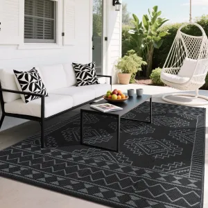 Outdoor Black & Grey 8x10 Large Outdoor Rug Waterproof Plastic Straw Rug Reversible Geometric Design Foldable Portable with Stakes & Bag for Patio Camping Picnic