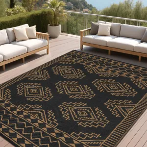 Outdoor Black & Brown 9x12 Large Rug Waterproof Geometric Woven Carpet, Reversible UV-Resistant Plastic Straw Mat, Lightweight Patio Deck Picnic