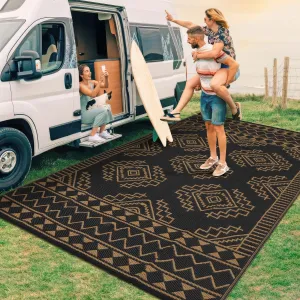 Outdoor Black & Brown 9x18 Waterproof Outdoor Rug, Large Geometric Pattern Reversible UV-Resistant Plastic Straw Durable Lightweight Patio Picnic Mat Black Brown