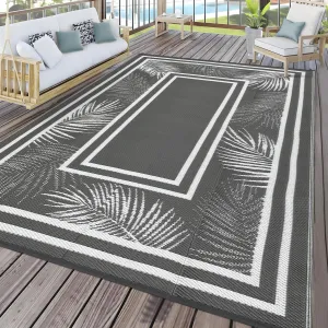 Outdoor Grey & White 8x10 Rug, Waterproof Reversible Plastic Straw Durable UV-Resistant Soft Underfoot Portable with Carry Bag for Patio, RV, Picnic