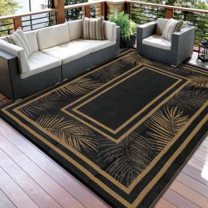 Outdoor Black & Brown 9x12 Rug Waterproof Patio Mat Reversible Plastic Straw Durable UV Resistant Portable for Camping Picnic Balcony