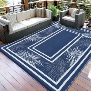 Outdoor Dark Blue 9x12 Rug Waterproof Reversible UV-Resistant Plastic Straw Patio Mat with Carry Bag for Camping Picnic Beach Balcony