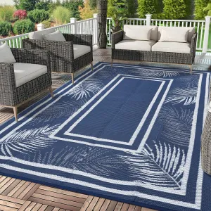 Outdoor Dark Blue 9x18 Plastic Straw Rug, Waterproof Reversible UV-Resistant Durable for Patio RV Beach Camping Backyard Deck
