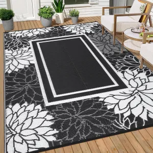 Waterproof Reversible Outdoor Rug 8x10 Floral Border UV-Resistant Plastic Straw Portable with Stakes for Patio Deck Beach