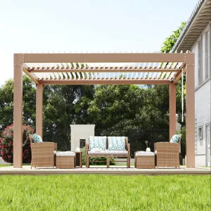 Adjustable Roof & Integrated Drainage - Aluminum Louvered Pergola Gazebo - Reinforced Frame for Patio, Deck, Backyard, Garden - Durable Outdoor Hardtop Shelter - Wood Grain Color, 10x12FT