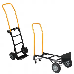Convertible Hand Truck Dolly 2-in-1 Design, 600 LBS Capacity, Solid Tires, 4-Wheel Platform, Metal Frame, Warehouse & Garden Use