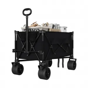 Collapsible Wagon with Big All-Terrain Wheels Foldable Beach Wagon with Cup Holders 350Lbs Weight Capacity Heavy Duty Carts for Camping, Garden, Sports Black