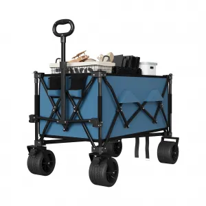 Collapsible Wagon with Big All-Terrain Wheels Foldable Beach Wagon with Cup Holders 350Lbs Weight Capacity Heavy Duty Carts for Camping, Garden, Sports Blue