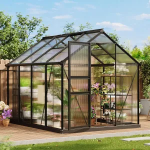 8×6FT Aluminum Frame Greenhouse with Polycarbonate Panels, Lockable Door, Adjustable Roof Vent, Side Gutter, Backyard Garden Use