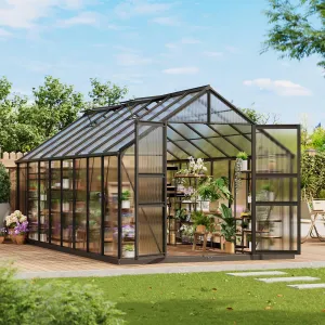 8×16 FT Aluminum Polycarbonate Greenhouse with Roof Vent and Lockable Hinged Door, Easy Assembly, Weather-Resistant, for Backyard Garden