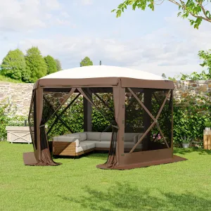 6-Sided Pop Up Tent 11.7' X 10.1' Hexagonal Shape. One-Push Setup. Mosquito Netting. Steel Frame. Removable Wind Cloths. Outdoor Camping & Backyard Shelter