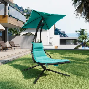 Outdoor Hanging Curved Chaise Lounge Swing Chair with Removable Canopy & Pillow – Steel Frame Hammock Lounger for Patio, Garden, Pool, Backyard, Dreamy Hammock + Green Mat
