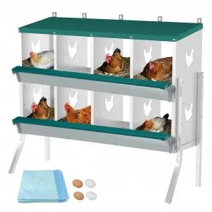 8-Compartment Metal Poultry Nesting Box with Legs – Roll Away Egg Collection, Soft Nest Pads, Fake Eggs, Swing Perch, Lid Cover – Galvanized Steel Hen Laying Box for Coop, Barn, Farm – Wall Mount or Freestanding, 8-compartment bracketed model