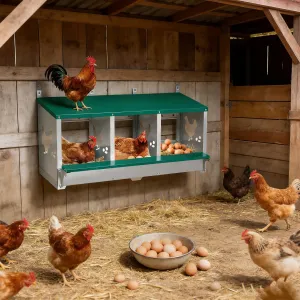 3-Compartment Galvanized Metal Chicken Nesting Box – Wall Mounted or Freestanding Laying System for Hens, Chickens, or Ducks – 10 Dampness Pads, 4 Fake Eggs, Perch, Lid Cover – Ventilated & Weatherproof – 3-compartment basic model