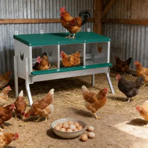 Stainless Steel Chicken Nesting Box with 3 Compartments, Roll-Away Egg Collection, Weather Resistant, Moisture Pads, Wall Mounted or Free-Standing, Outdoor Poultry Shelter