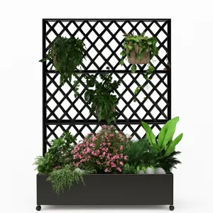 Mobile Black Galvanized Steel Raised Garden Bed with Trellis & Privacy Screen – Planter Box with Lockable Casters & Drainage Holes for Vegetables & Vines, Patio Deck or Yard – 71"X35"X16"