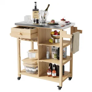 Sturdy Wood Outdoor Grill Cart for Patio and Garden – Stainless Steel Top, Storage Cabinet, Drawer, Open Shelves, Portable Rolling Kitchen Island and Prep Table with Lockable Wheels – Sturdy Wood Color