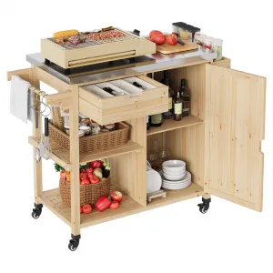 Portable Sturdy Wood Outdoor Grill Cart Kitchen Island – Stainless Steel Top, Wheels, Drawer, Spice Rack, Open Shelves – Rolling BBQ Prep Table for Patio, Backyard, Garden – Color: Sturdy Wood