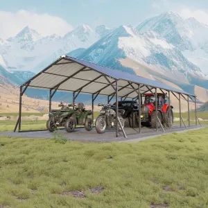 Heavy Duty Steel Metal Carport 20x30x12 - Outdoor Storage Shelter with Vertical Roof - All-Weather Protection for Multiple Vehicles, Pickup Trucks, Boats, Tractors - Grey