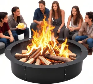 48-Inch Smokeless Fire Pit Ring, Easy Install Iron Panels, Rust-Proof Painted Steel, Freestanding or In-Ground Use, Outdoor Camping