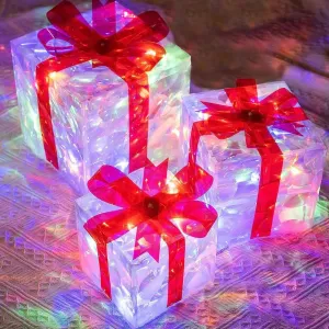 1pc/3pcs Christmas Lighted Gift Boxes Xmas Lighting Box with Bow for Christmas Party Home Indoor Porch Decoration Colorful Light red Bow 3pcs