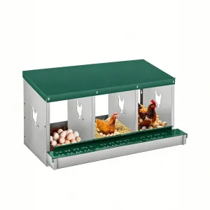Chicken Nesting Box, 3 Room Galvanized Steel Laying Boxes, Metal Nesting Boxes for Hens with 10 Pads & 4 Fake Eggs, Easy Egg Collection, Vented Holes Poultry Nest for Chicken Coop, Green