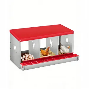 Chicken Nesting Box, 3 Room Galvanized Steel Laying Boxes, Metal Nesting Boxes for Hens with 10 Pads & 4 Fake Eggs, Easy Egg Collection, Vented Holes Poultry Nest for Chicken Coop, Red