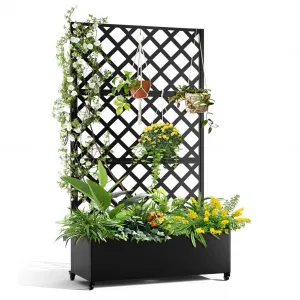 Metal Planter Box with Diamond Lattice Trellis - 72"x47" Galvanized Raised Garden Bed on Wheels for Climbing Plants and Vines, Black Finish