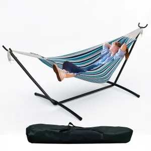 Ocean Color 450 Lbs Double Hammock with Space-Saving Steel Stand for 2 Person - Portable, Indoor Outdoor Use, Carry Bag Included - Perfect for Garden, Camping, Beach