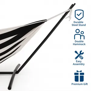 450 Lbs Black and White Double Hammock with Heavy Duty Space-Saving Steel Stand for 2 Person - Portable Indoor Outdoor Use, Includes Carry Bag - Perfect for Garden, Camping, Beach